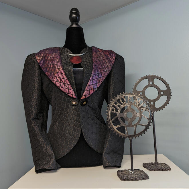 Vintage Cocktail Montréal jacket paired with signed Culture Mix necklace and standing gear décor.